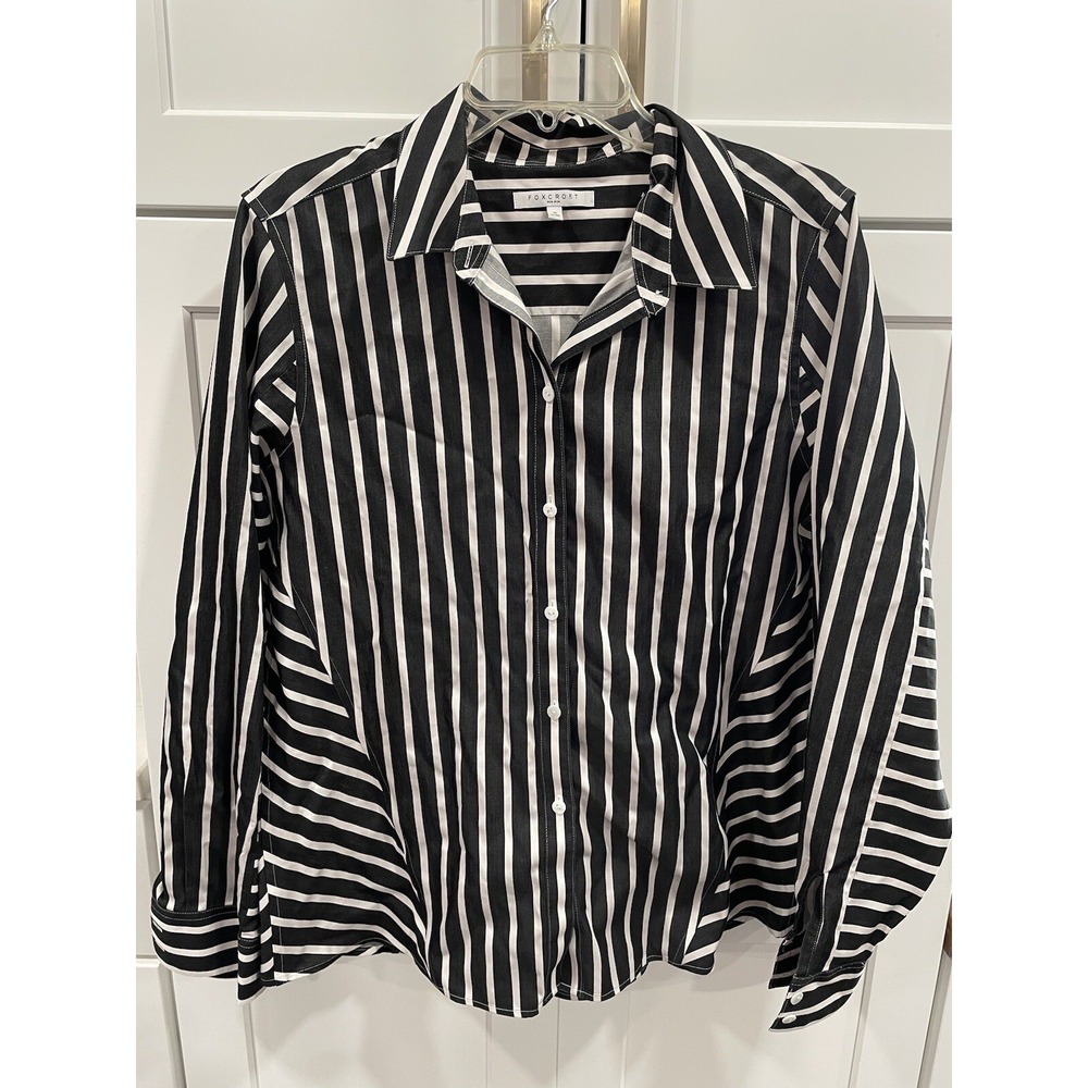 Foxcroft Womens Sz 16 Top Non-Iron Fitted Long Sleeve Black Striped AK115
